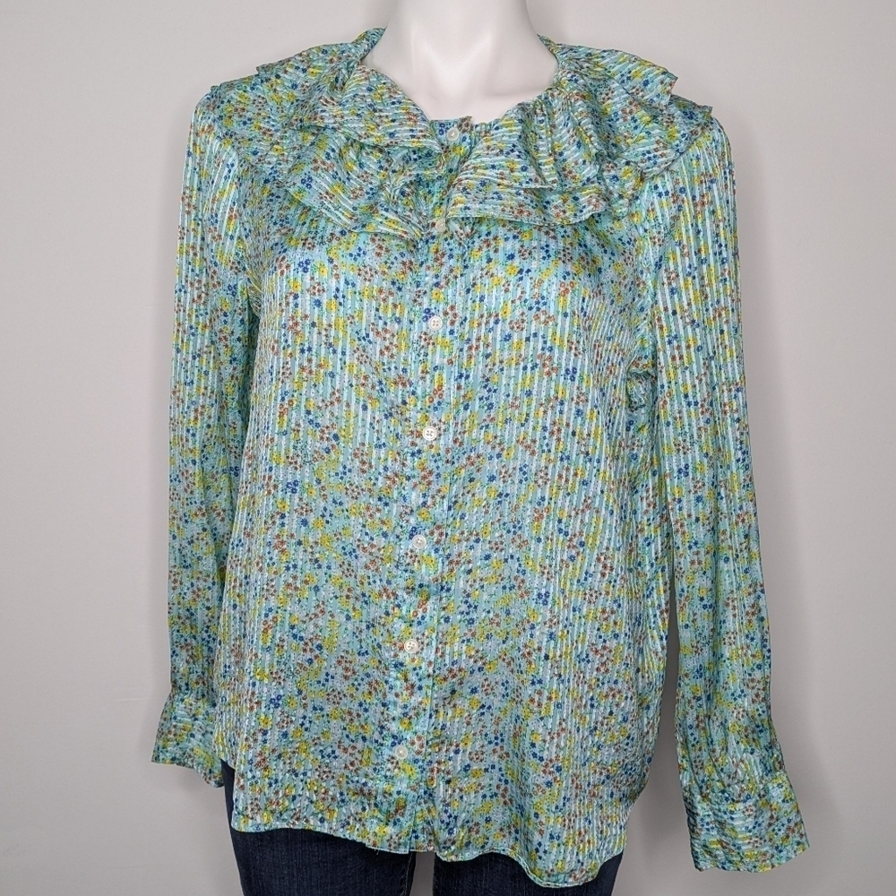 J Crew Blue Yellow Ditsy Floral Ruffle Collar Long Sleeve Button Up Blouse M